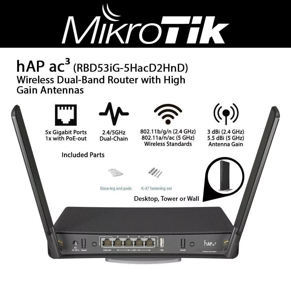 ROUTER-AP MIKROTIK RBD53IG-5HACD2HND 5 PUERTOS GIGABIT 256 RAM CPU 4 core IPQ-4019 716 MHzCLEOS ROUTER-AP MIKROTIK RBD53IG-5HACD2HND 5 PUERTOS GIGABIT 256 RAM CPU 4 core IPQ-4019 716 MHzCLEOS