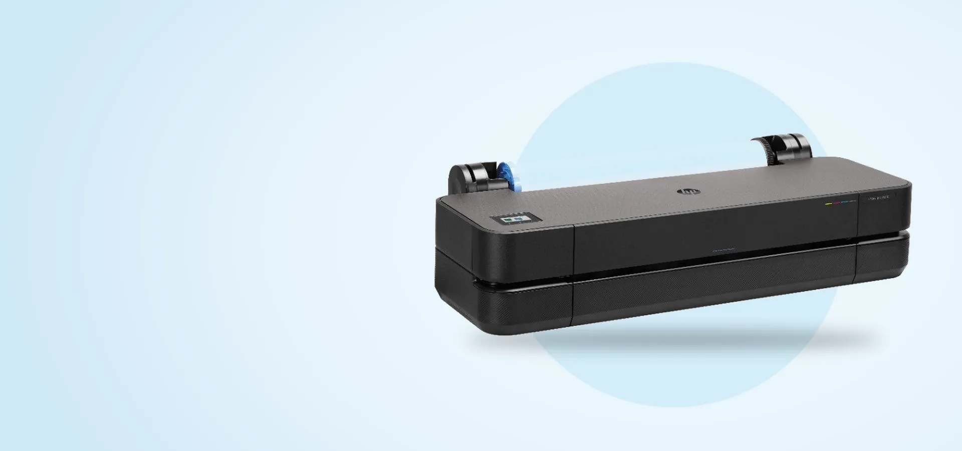 Plotter HP DesignJet T250 de 24 pulgadas con rollo de papel, vista en perspectiva