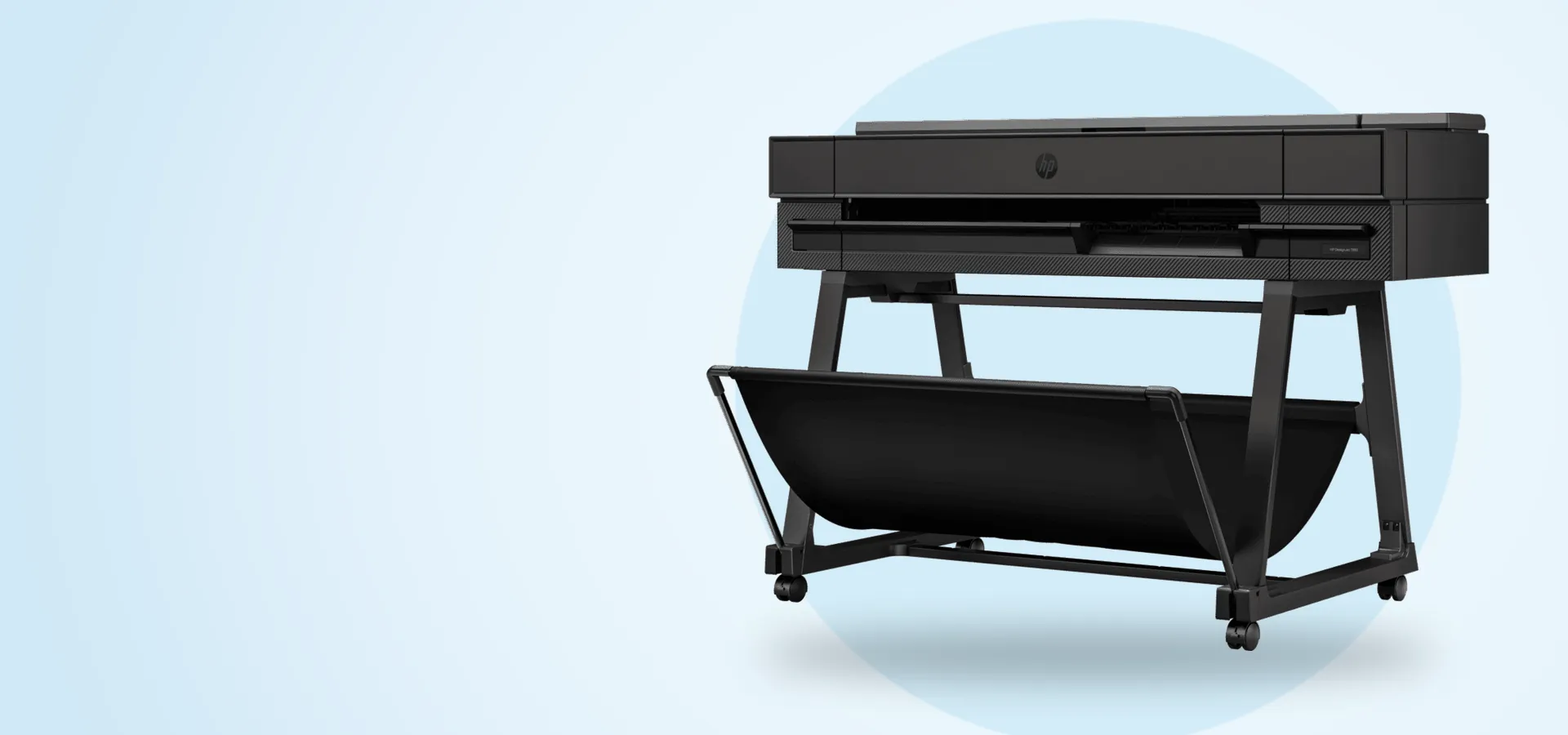 Plotter HP DesignJet T850 de 36 pulgadas con soporte, vista en perspectiva