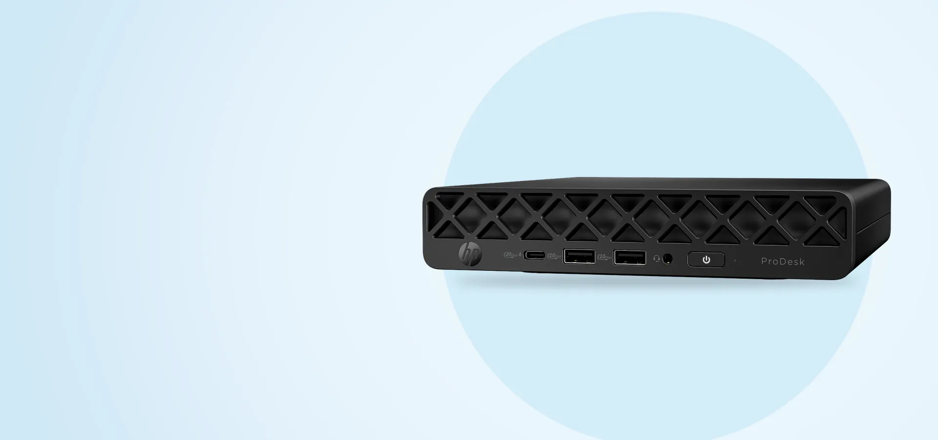 Mini PC HP ProDesk 4 AI G1i vista en perspectiva, con los puertos frontales