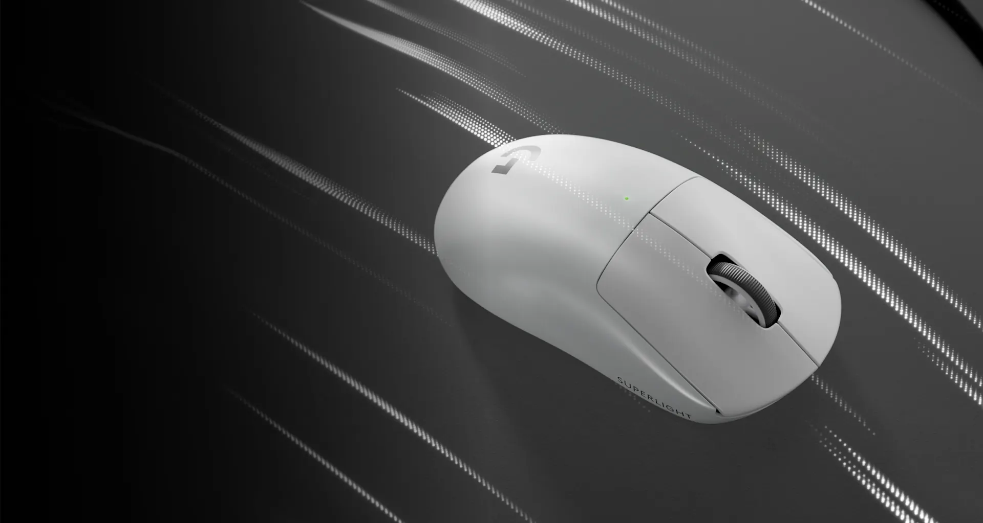 Mouse inalámbrico Logitech G PRO X SUPERLIGHT 2 en blanco y negro sobre fondo dinámico