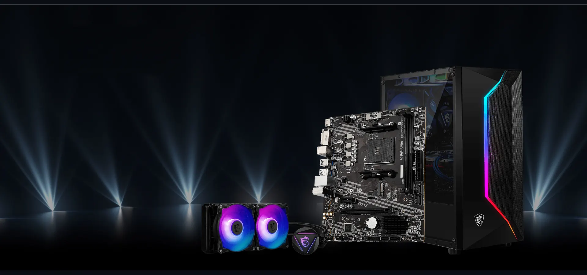 Motherboard MSI A520M-A PRO mATX socket AM4 junto a un gabinete y un cooler líquido