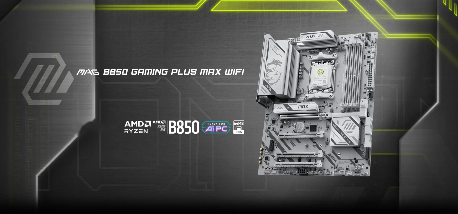 Motherboard MSI MAG B850 GAMING PLUS MAX WIFI blanca para procesadores AMD Ryzen en socket AM5