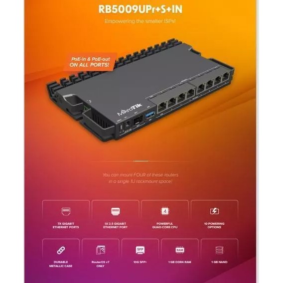 Router Mikrotik RB5009UPR+S+IN CF 7P GIGA+1 2.5GB+SFP+POE130W 4 Core 1.4GHZ 1GB RAM DDR4