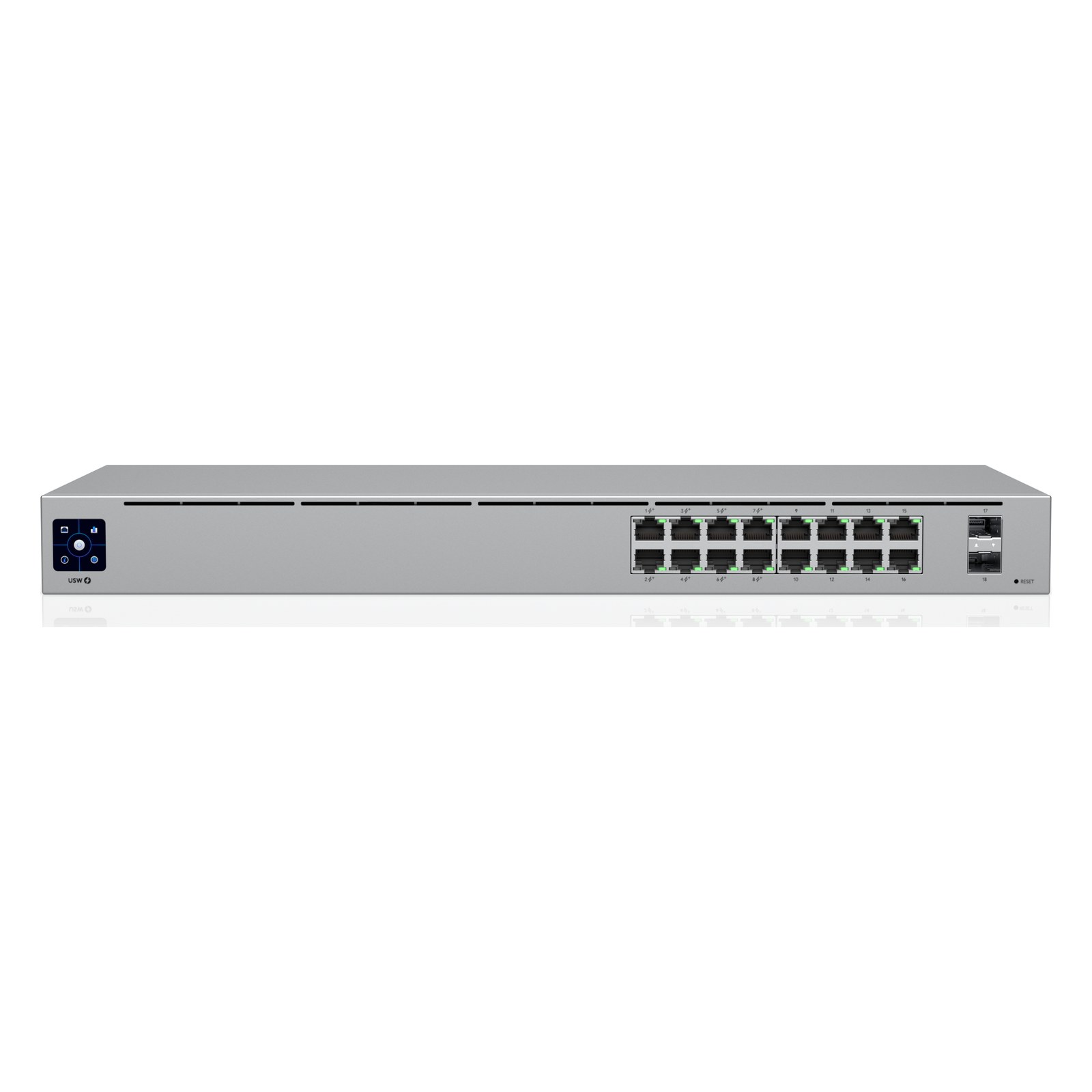 Switch Ubiquiti UniFi 16 PoE+ 42 W con 16 Puertos Gigabit y 2 SFP 1G (sin módulos SFP) Switch Ubiquiti UniFi 16 PoE+ 42 W con 16 Puertos Gigabit y 2 SFP 1G (sin módulos SFP)
